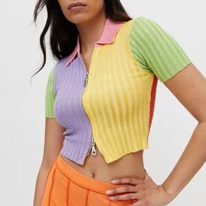 The Ragged Priest Yellow and Purple Ribbed Crop Polo Top